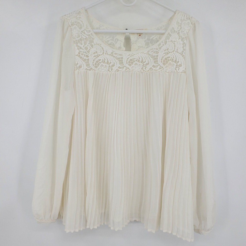 Sundance White Pleated Lace Yoke Blouse Long Sleeve‎ Boho Top Medium Victorian